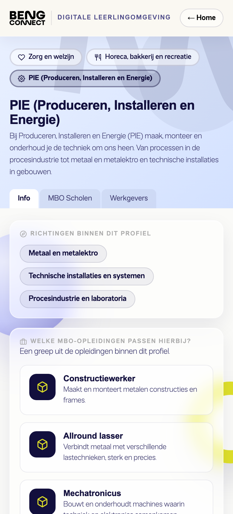 De leerlingomgeving van BENG Connect op een telefoon