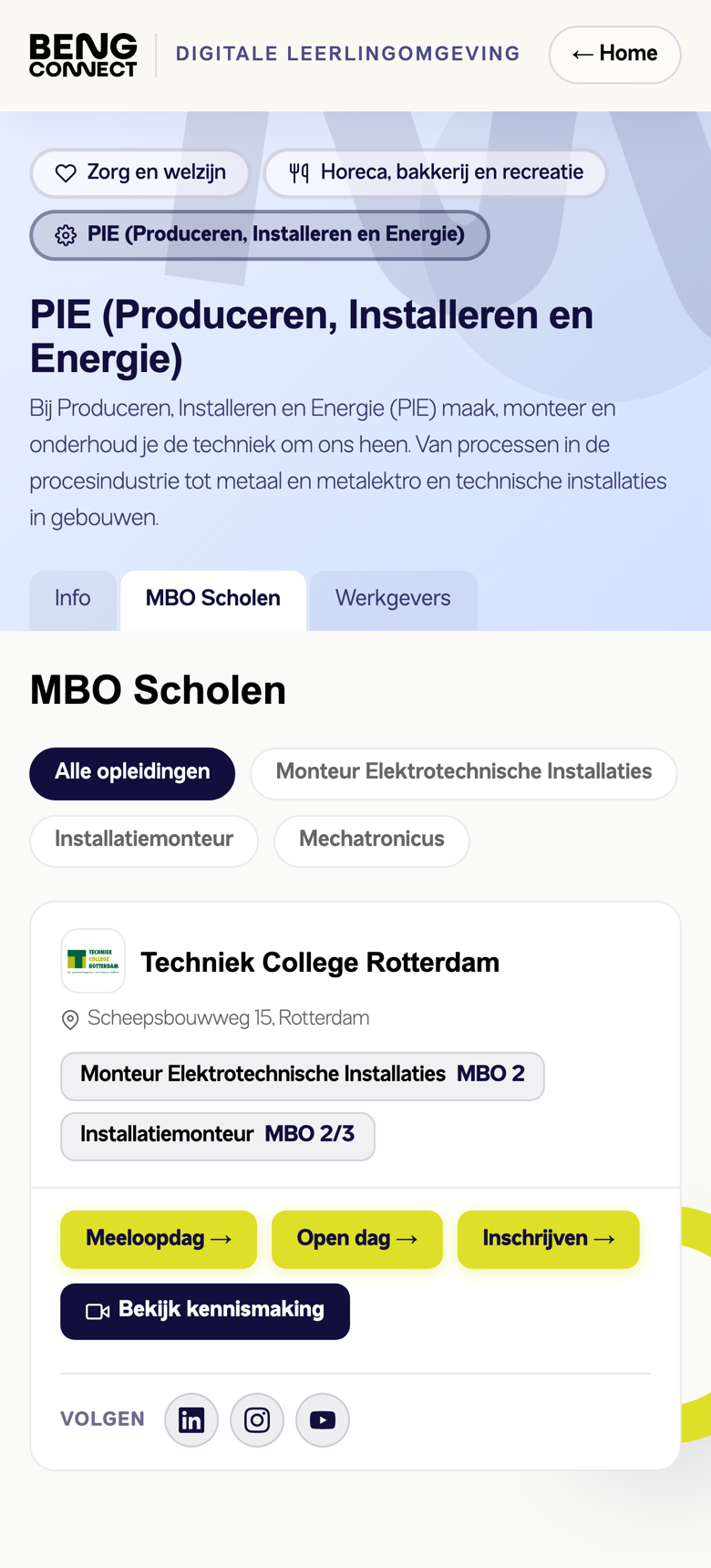 De leerlingomgeving van BENG Connect op een telefoon