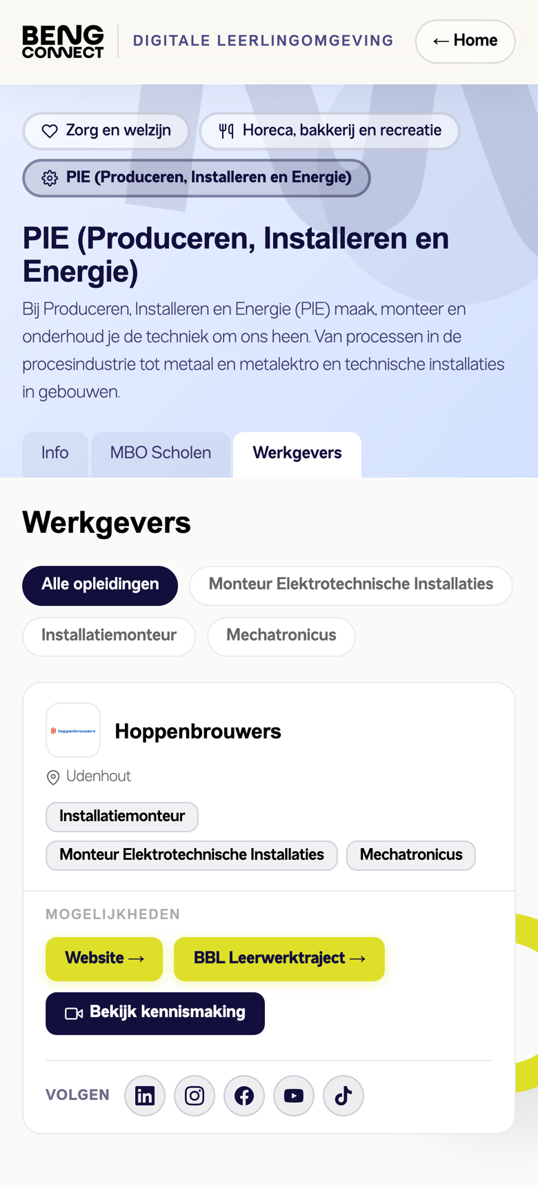 De leerlingomgeving van BENG Connect op een telefoon